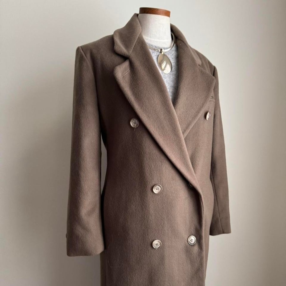 Vintage 90s 100% Wool Over Coat Taupe Tane - Picture 7 of 8